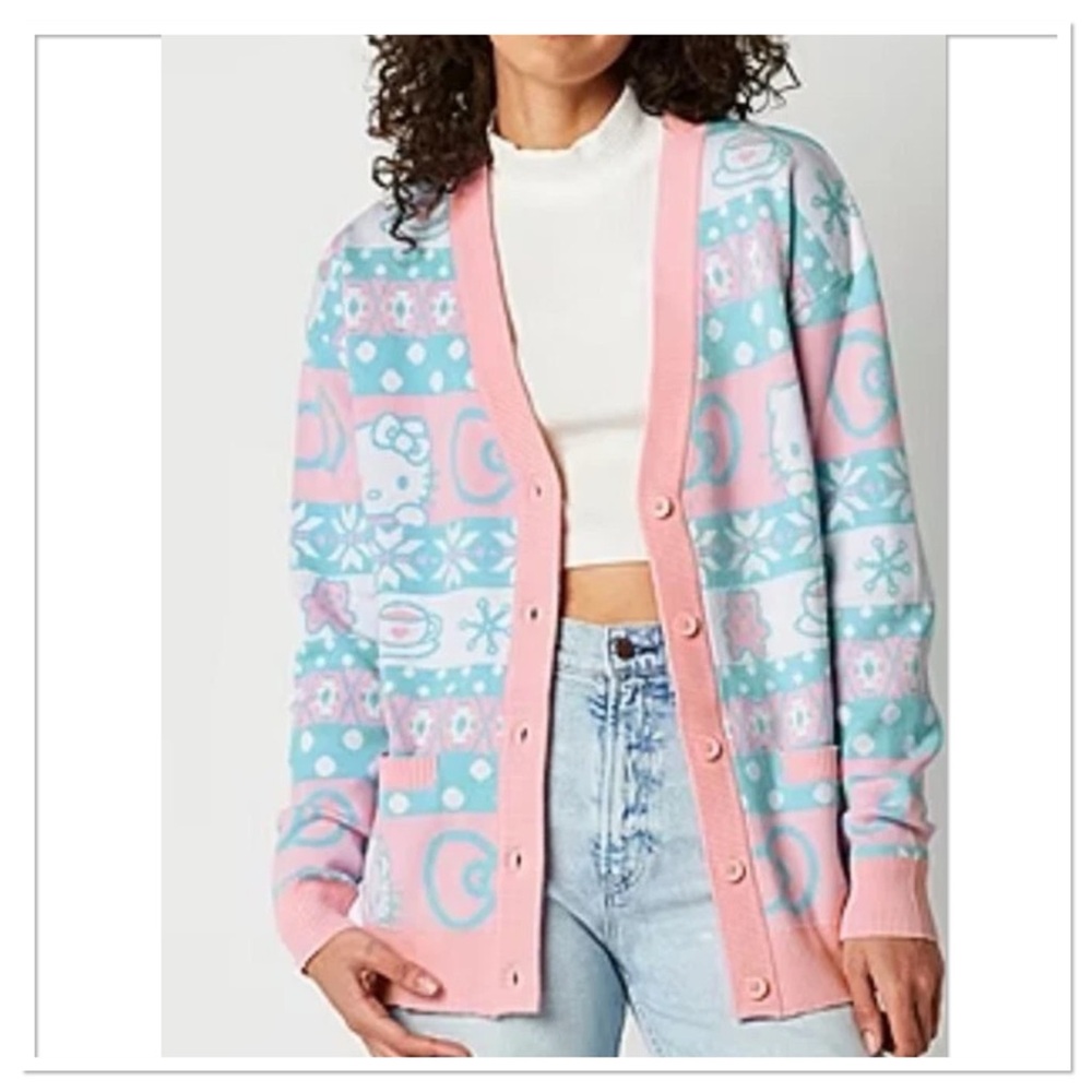 Hello Kitty by Sanrio Long Sleeve Button Up Cardigan Pink, Blue, White Sz M